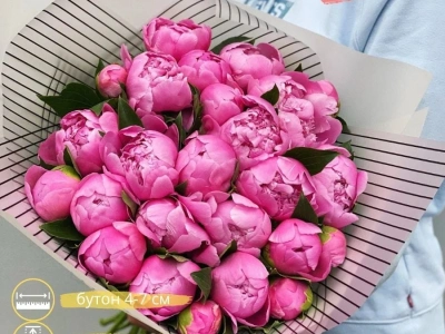 Букет из 21 розовых пионов в пленке